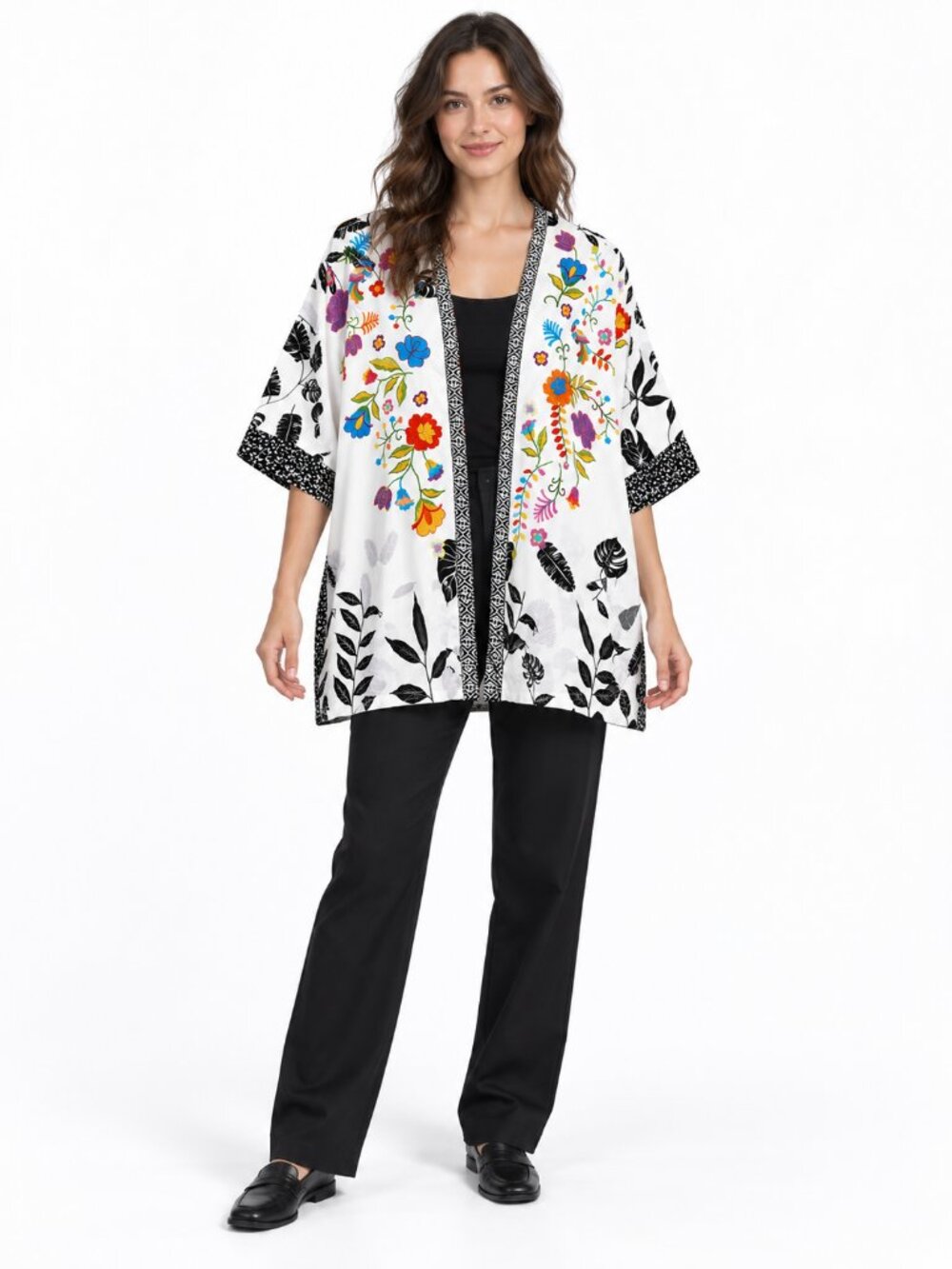 John Mark Wearable Art Embroidered Kimono Top Boho Floral Open Front